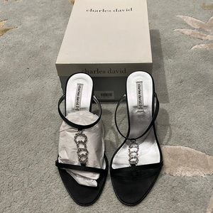 Charles David Black Satin Rhinestone Strap Sandal Sz.8 EUC Sexy! Worn once!!
